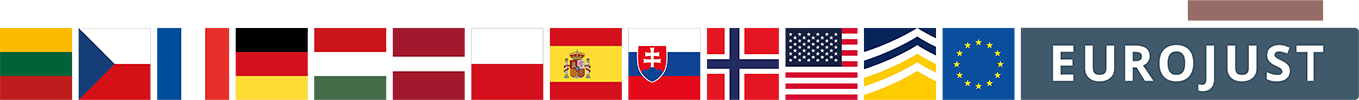 flags of LT, CZ, FR, DE, HU, LV, PL, ES, SK, Norway, USA, logo of Europol and Eurojust