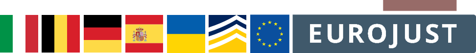 flags of italy germany belgium spain and ukraine, logos of europol and eurojust
