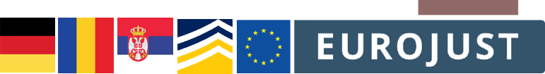 Flags of Germany, Romania and Serbia, logos of Europol and Eurojust