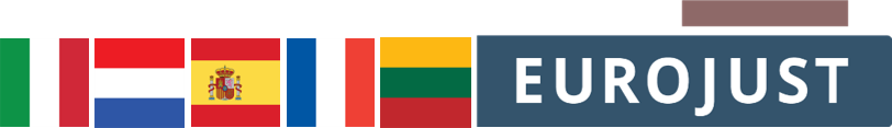 Flags of Italy, Netherlands, Spain, France and Lithuania. Logo of Eurojust