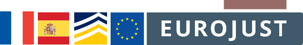 Flags of France and Spain, logos of Eurojust and Europol