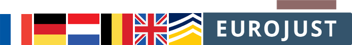 Flags of FR, DE, NL, BE, UK, and logos of Europol, Eurojust 
