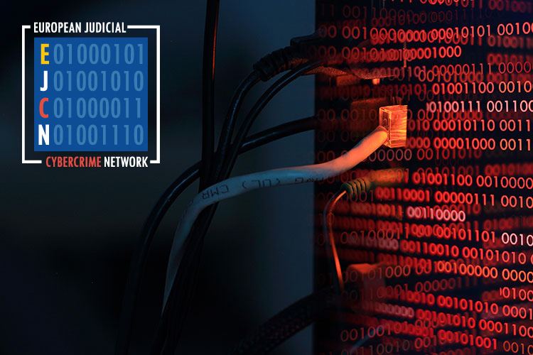 European Judicial Cybercrime Network logo over an image of computer cables and a screen showing zeroes and ones.