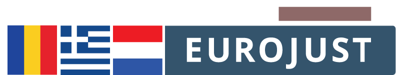 Flags of Romania, Greece and the Netherlands. Logo of Eurojust