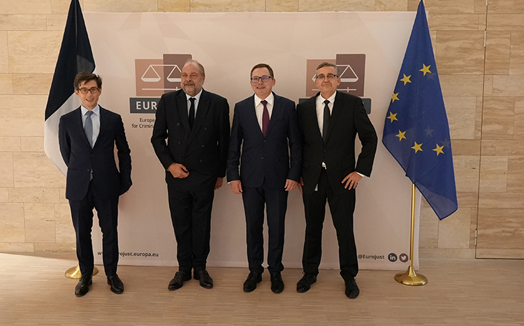 From left to right: Mr Dupond-Moretti, the French Minister for Justice, Mr Hamran, the Eurojust President, Mr Baudoin Thouvenot, National Member for France
